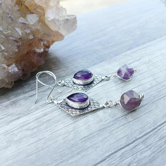 Amethyst Gemstone Dangle Earrings, Artisan Boho Chic Statement 3" - Picture 3 of 6